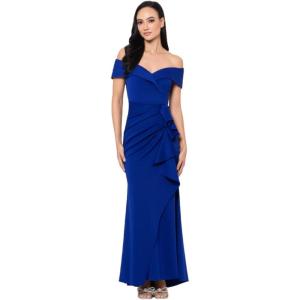Xscape Women’s Long Off Shoulder Sweetheart Neck Side Ruffle Gown (Reg and Petite)(Marine)