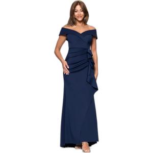 Xscape Women’s Long Off Shoulder Sweetheart Neck Side Ruffle Gown (Reg and Petite)(Midnight)