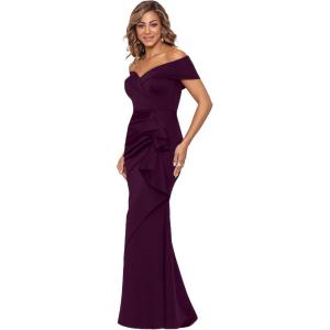 Xscape Women’s Long Off Shoulder Sweetheart Neck Side Ruffle Gown (Reg and Petite)(Plum)