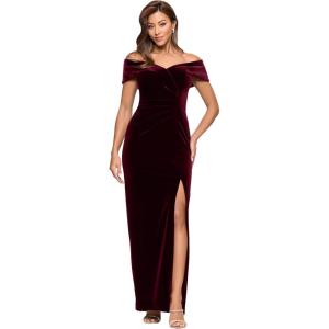 Xscape Women’s Long Velvet Off-The-Shoulder Gown with Leg Slit and Center Back Zipper(Burgundy)