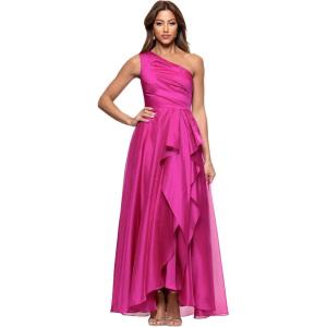 Xscape Womens Organza One Shoulder Ruffle Floor Length Dress(Magenta)