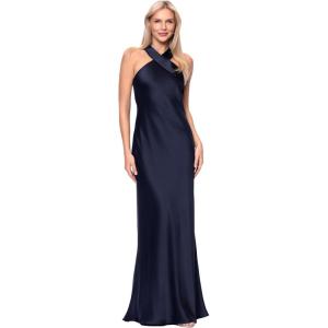 Xscape Women’s Satin Halter Sleeveless Floor Length Dress(Navy)