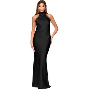 Xscape Women’s Satin Mock Neck Halter Floor Length Dress(Black)