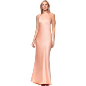 Xscape Women’s Satin Mock Neck Halter Floor Length Dress(Peach)