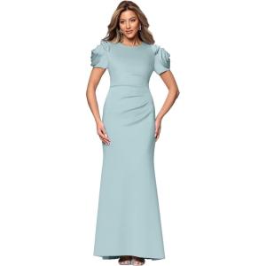 Xscape Women’s Scuba Crew Neck Floral Sleeve Ruched Floor Length Dress(Sage)