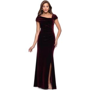 Xscape Women’s Velvet Asymmetrical Neck Short Sleeve Floor Length Dress(Burgundy)
