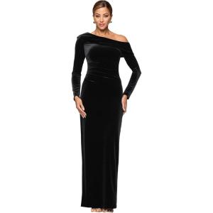 Xscape Women’s Velvet Drop Shoulder Long Sleeve Ruched Floor Length Dress(Black)