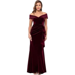Xscape Women’s Velvet Off The Shoulder Short Sleeve Ruffle Draped Floor Length Dress(Burgundy)