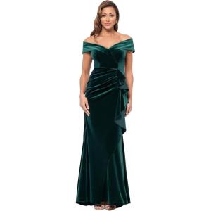 Xscape Women’s Velvet Off The Shoulder Short Sleeve Ruffle Draped Floor Length Dress(Hunter)