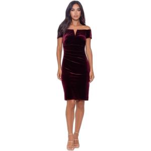 Xscape Women’s Velvet V-Neck Off The Shoulder Short Sleeve Short Dress(Burgundy)