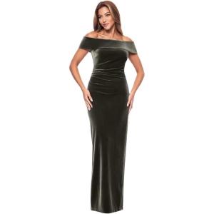 Xscape Women’s Xscape Women’s Velvet Asymmetrical Ruffle One Shoulder Ruched Floor Length Dress(Brown)