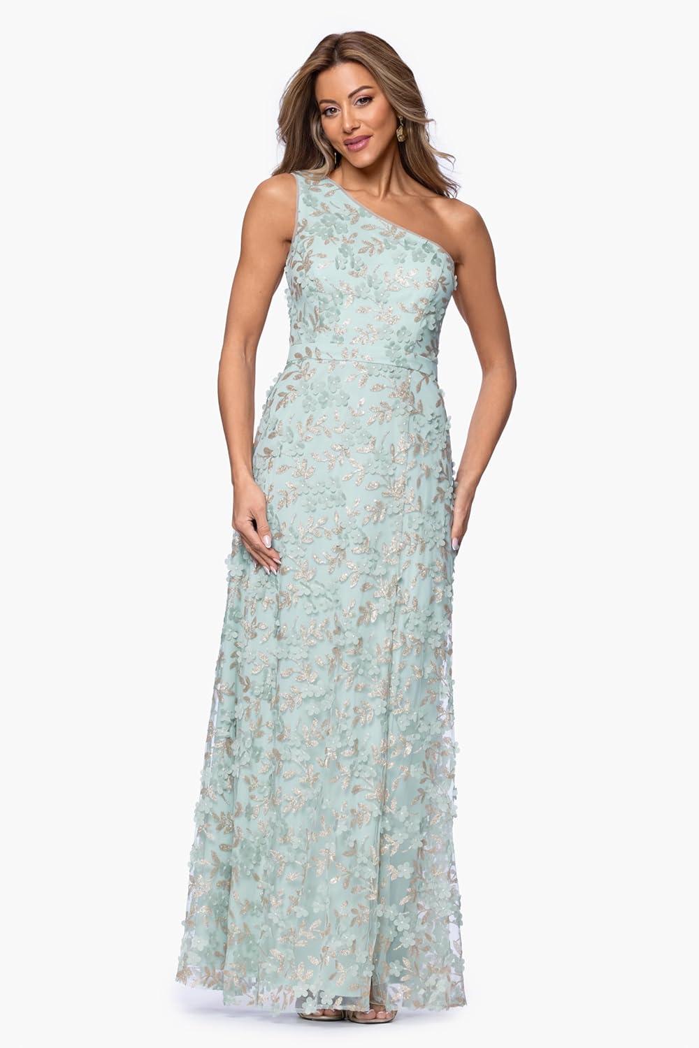 image:imageXscape Womens 3D Flowers One Shoulder Floor Length DressSageGold