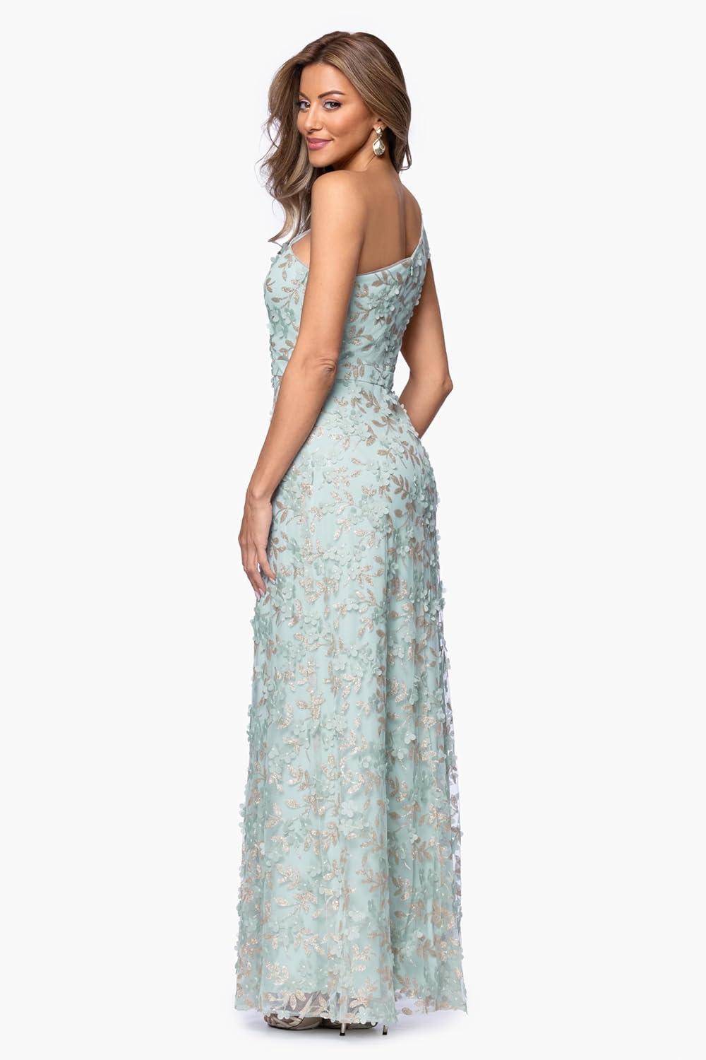 image:imageXscape Womens 3D Flowers One Shoulder Floor Length DressSageGold