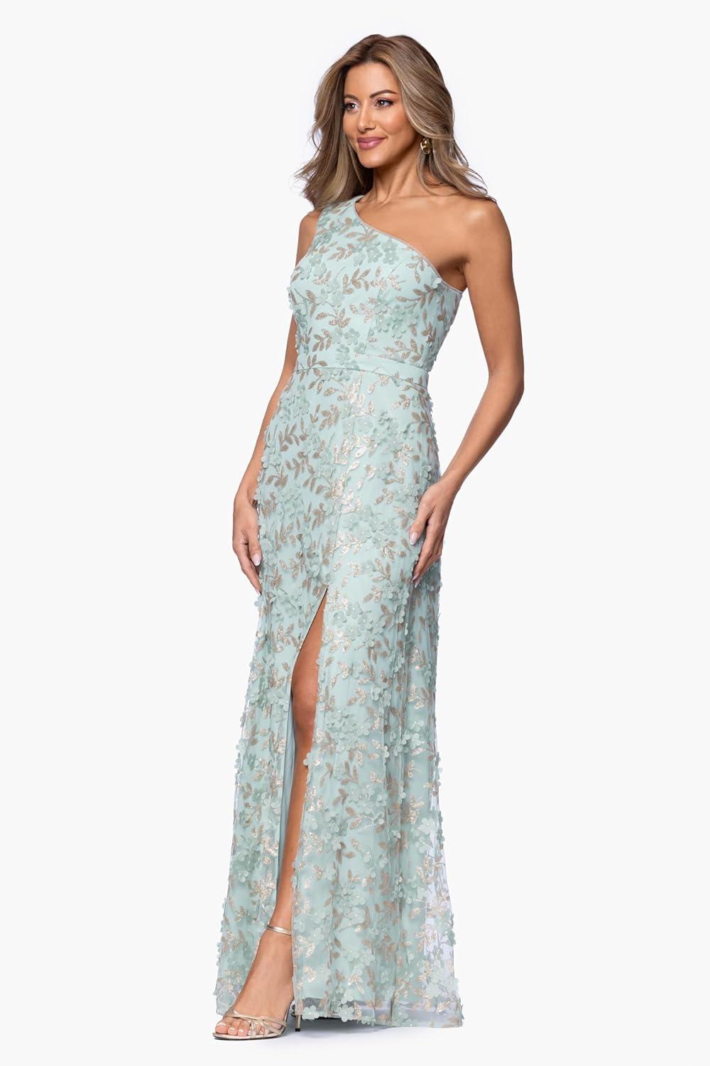 image:imageXscape Womens 3D Flowers One Shoulder Floor Length DressSageGold