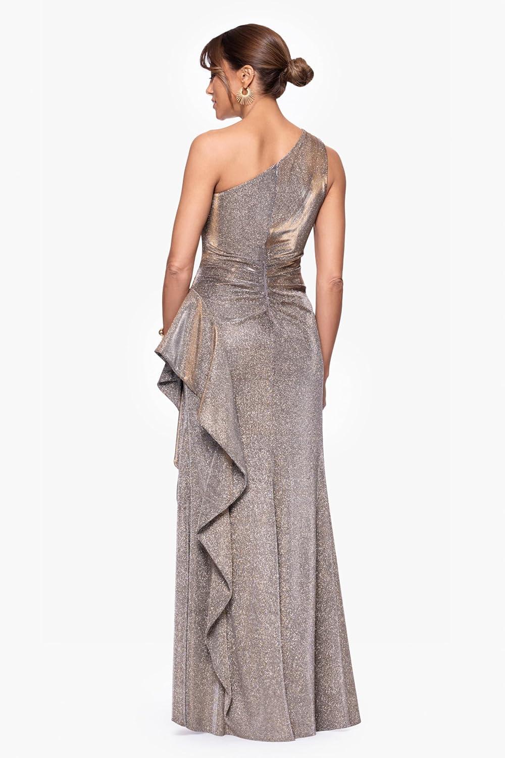image:imageXscape Womens Glitter One Shoulder Ruffle Floor Length DressSand