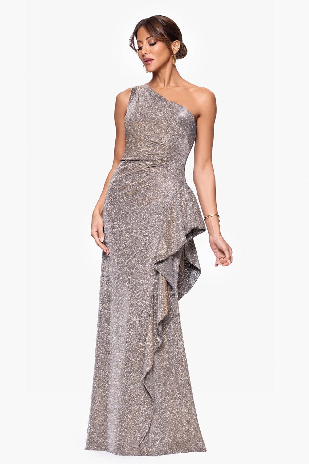 image:imageXscape Womens Glitter One Shoulder Ruffle Floor Length DressSand