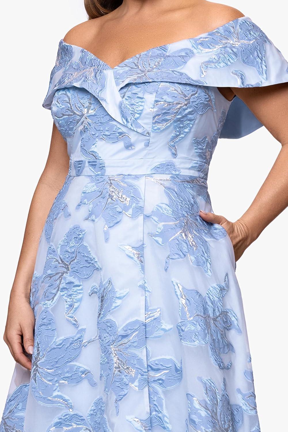image:imageXscape Womens Jacquard Off The Shoulder Pleated Aline Floor Length Dress PlusBlueSilver