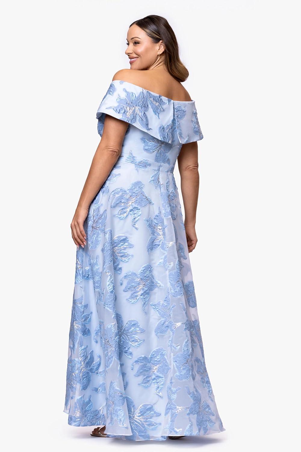 image:imageXscape Womens Jacquard Off The Shoulder Pleated Aline Floor Length Dress PlusBlueSilver