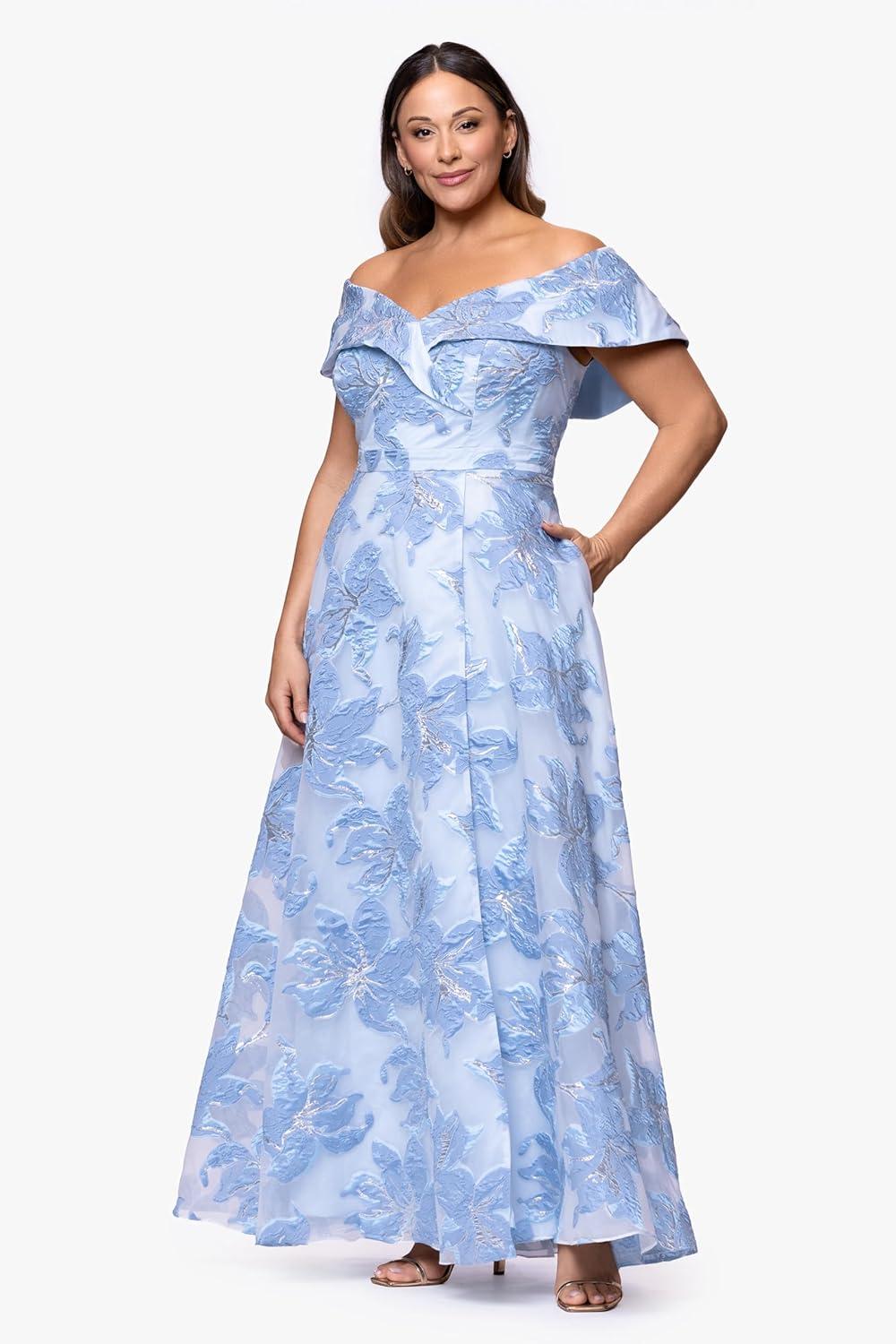 image:imageXscape Womens Jacquard Off The Shoulder Pleated Aline Floor Length Dress PlusBlueSilver