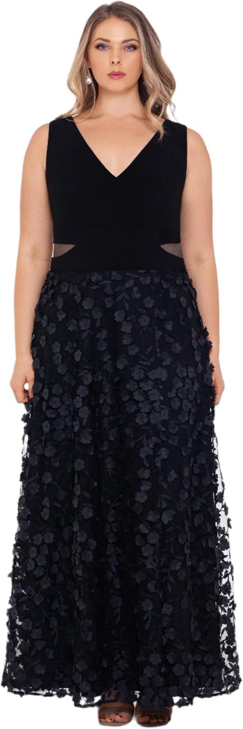 image:imageXscape Womens Jersey Knit Floral Skirt VNeck Floor Length Dress PlusBlack