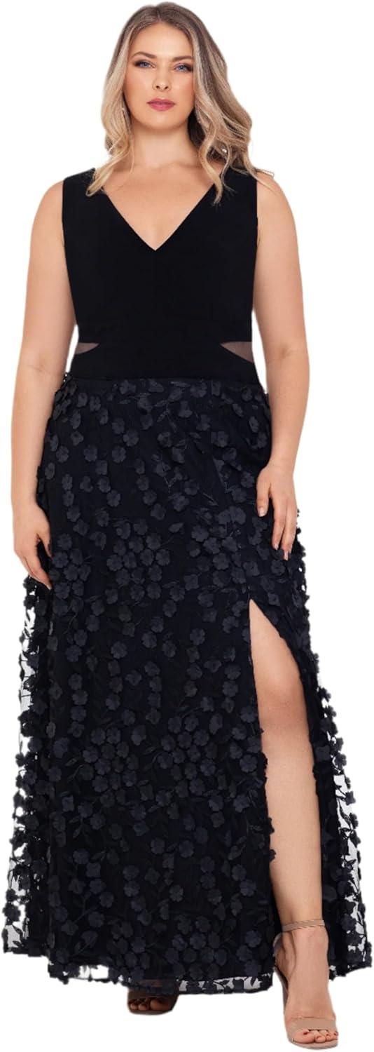 image:imageXscape Womens Jersey Knit Floral Skirt VNeck Floor Length Dress PlusBlack