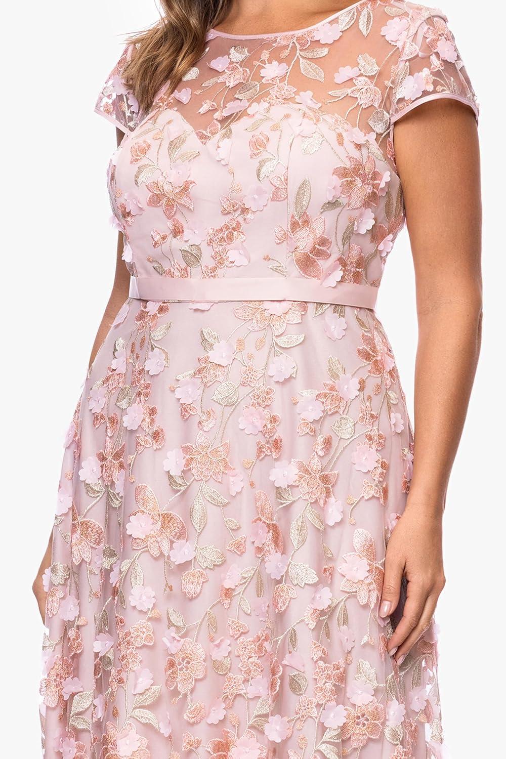 image:imageXscape Womens Lace Illusion Neck Embroidered Floral Aline Floor Length Dress PlusBlushMulti