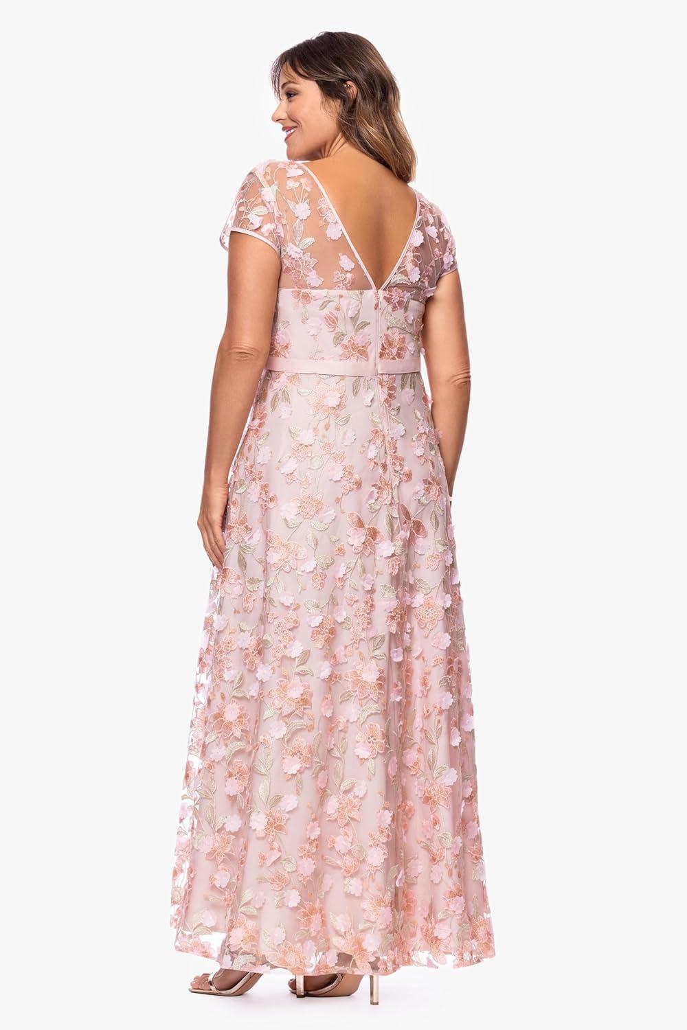 image:imageXscape Womens Lace Illusion Neck Embroidered Floral Aline Floor Length Dress PlusBlushMulti