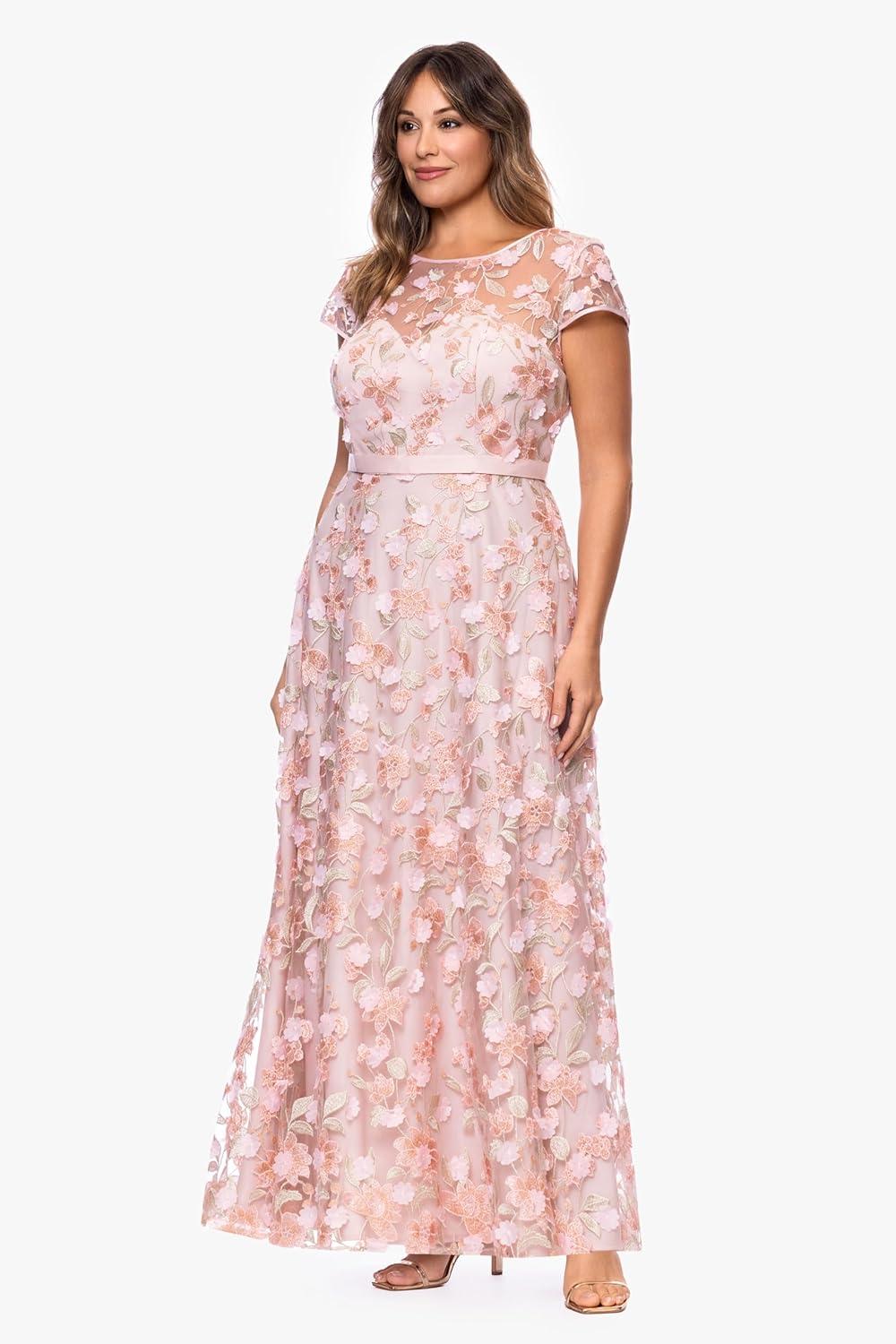 image:imageXscape Womens Lace Illusion Neck Embroidered Floral Aline Floor Length Dress PlusBlushMulti