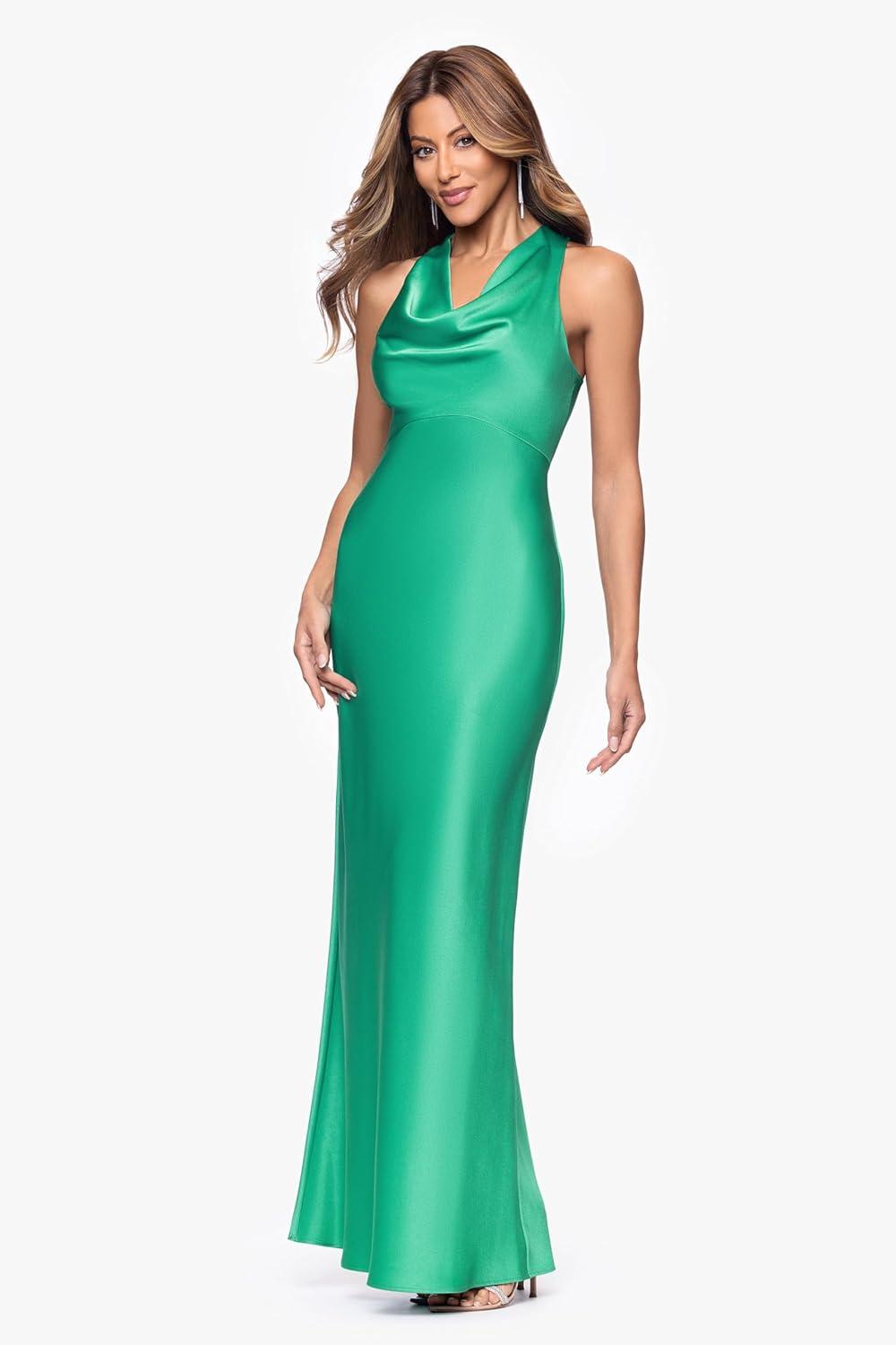 image:imageXscape Womens Satin Cowl Neck Halter Sleeveless Floor Length DressGreen