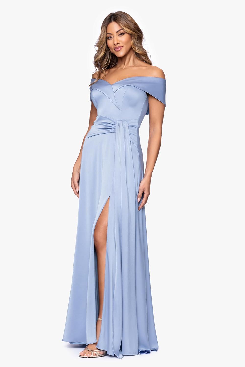 image:imageXscape Womens Satin Off The Shoulder Floor Length Dress PetitePeriwinkle