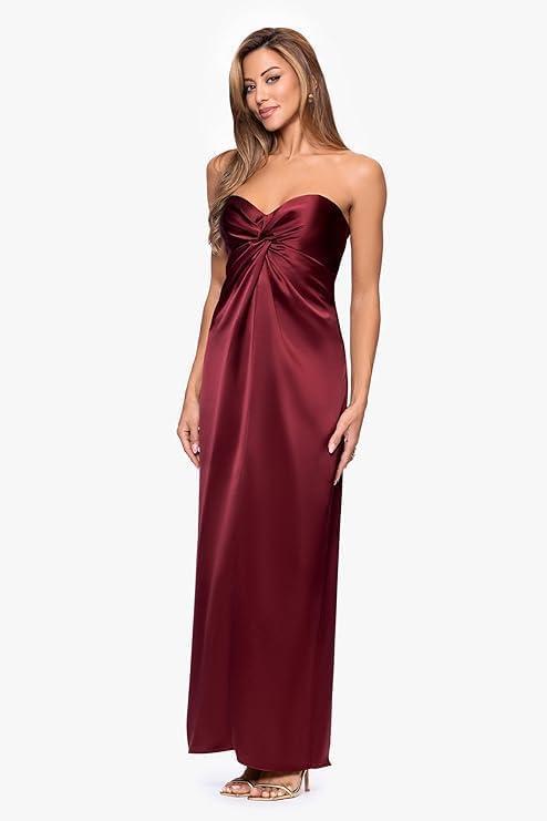 image:imageXscape Womens Satin Strapless Knot Front Floor Length DressWine