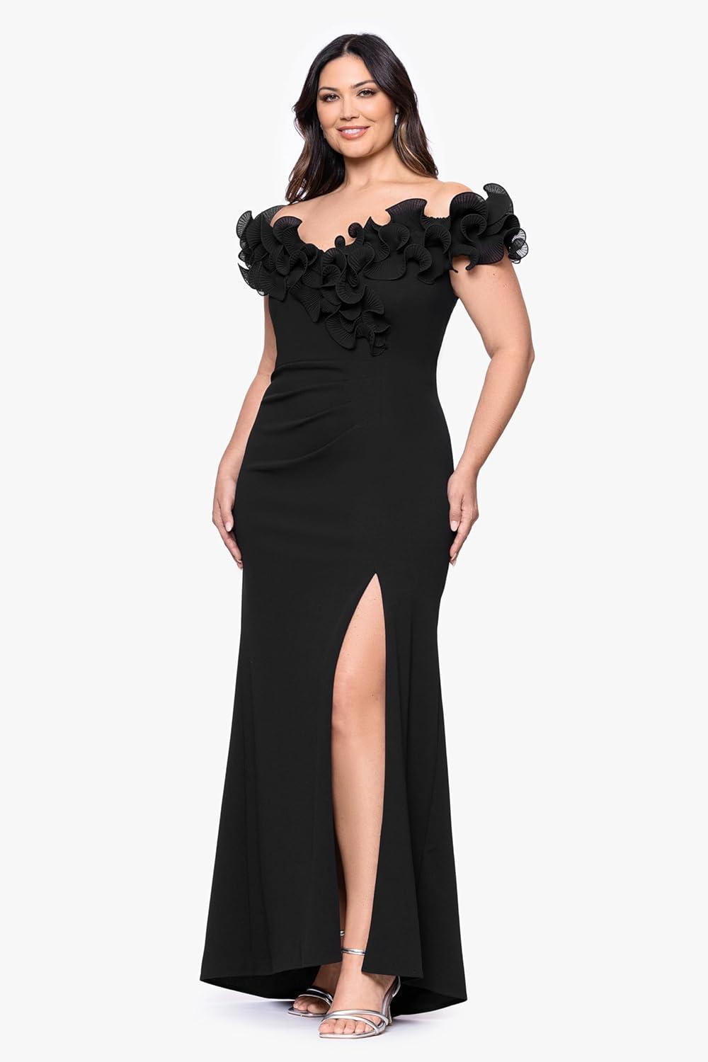 image:imageXscape Womens Scuba Crepe Off The Shoulder Short Sleeve Ruffle Floor Length Dress PlusBlack