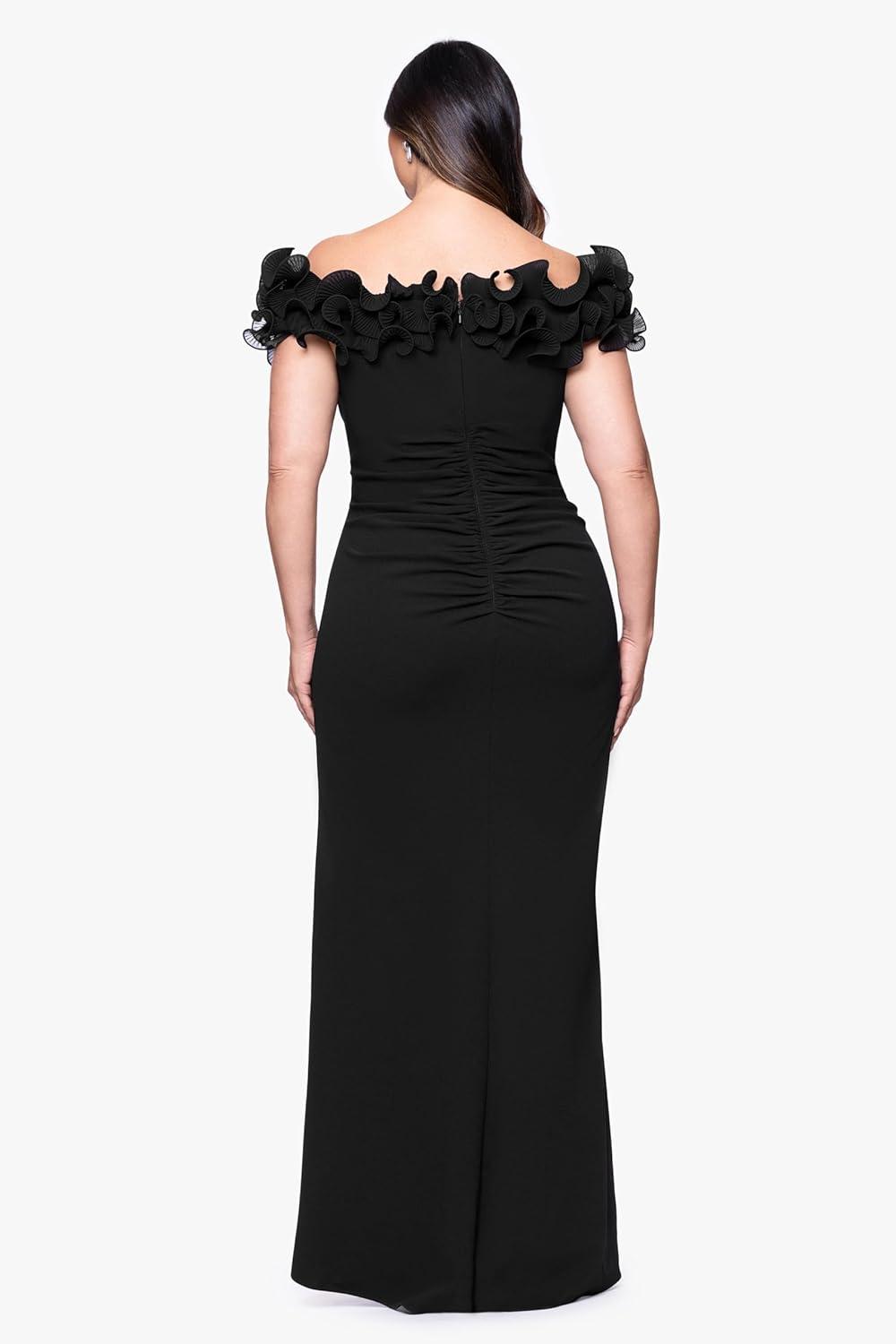 image:imageXscape Womens Scuba Crepe Off The Shoulder Short Sleeve Ruffle Floor Length Dress PlusBlack