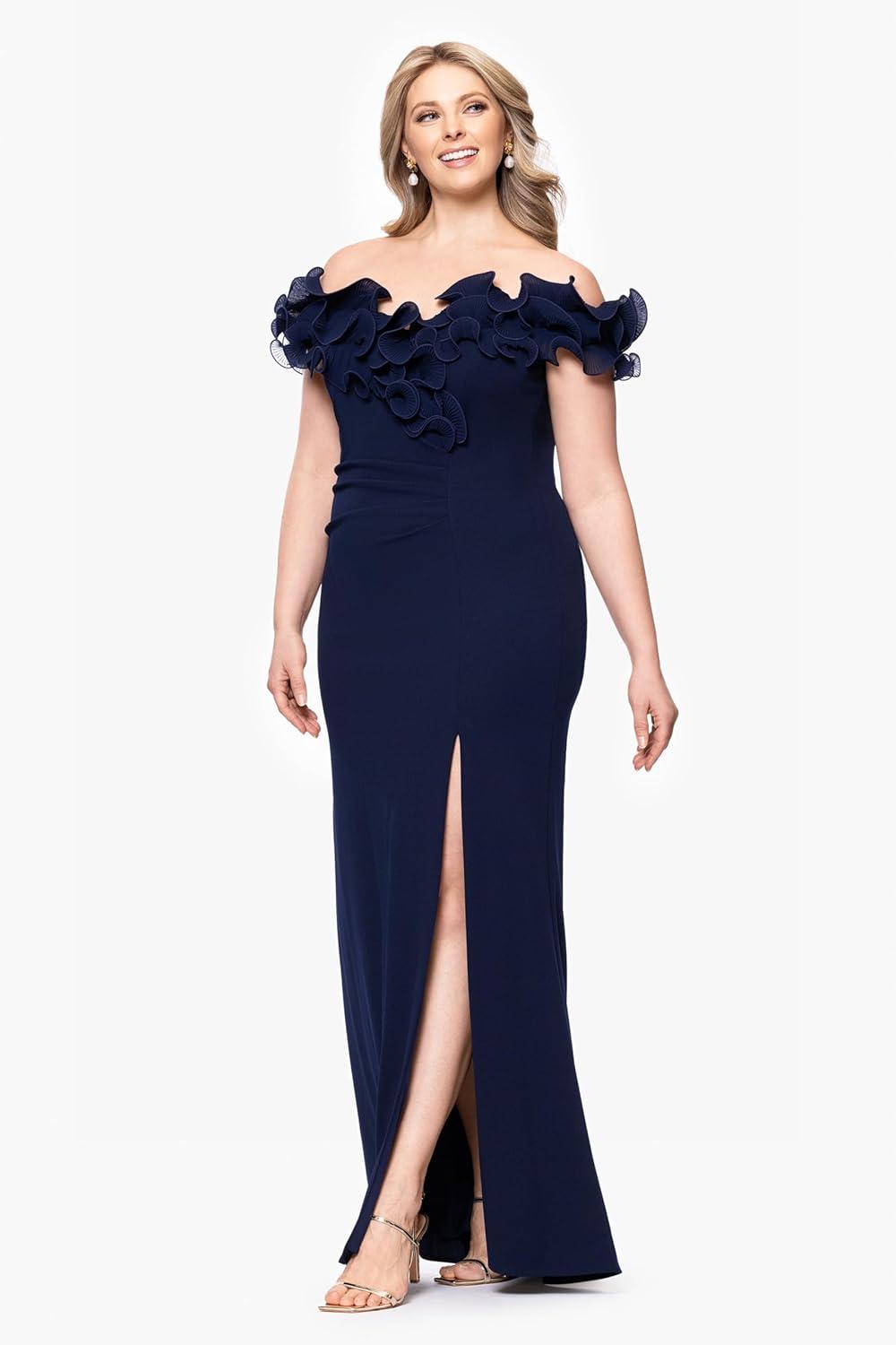 image:imageXscape Womens Scuba Crepe Off The Shoulder Short Sleeve Ruffle Floor Length Dress PlusNavy