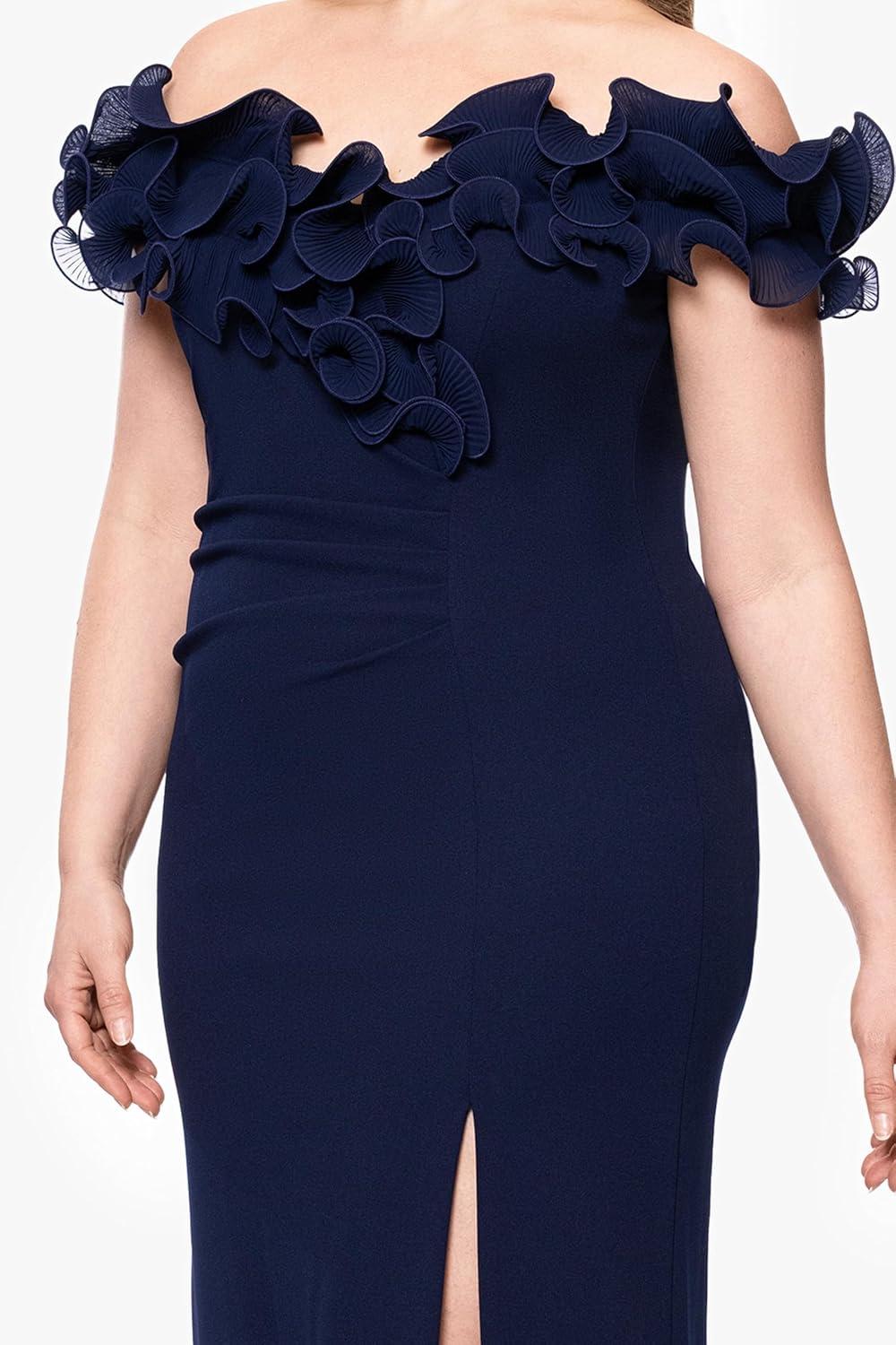 image:imageXscape Womens Scuba Crepe Off The Shoulder Short Sleeve Ruffle Floor Length Dress PlusNavy