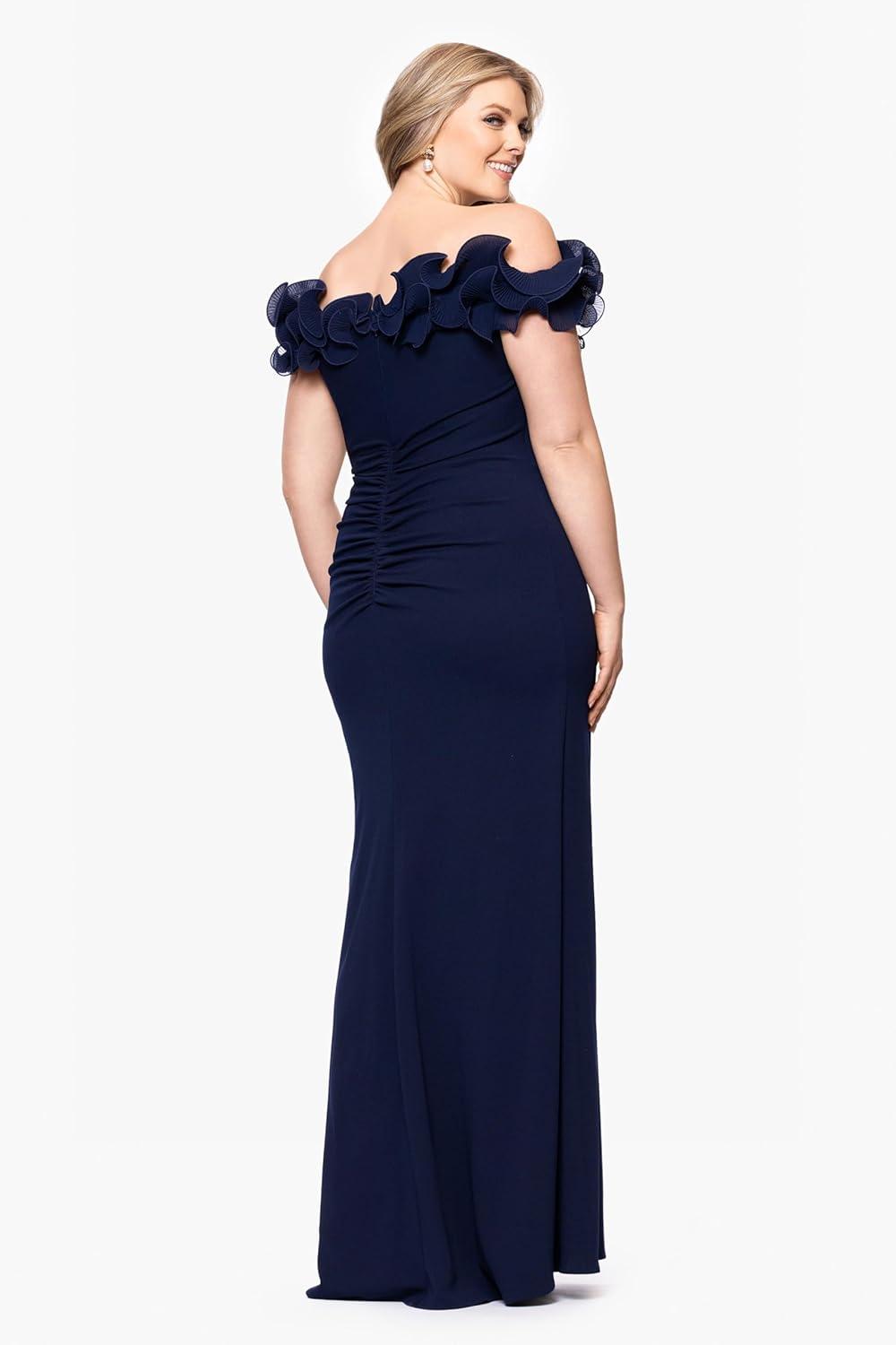 image:imageXscape Womens Scuba Crepe Off The Shoulder Short Sleeve Ruffle Floor Length Dress PlusNavy