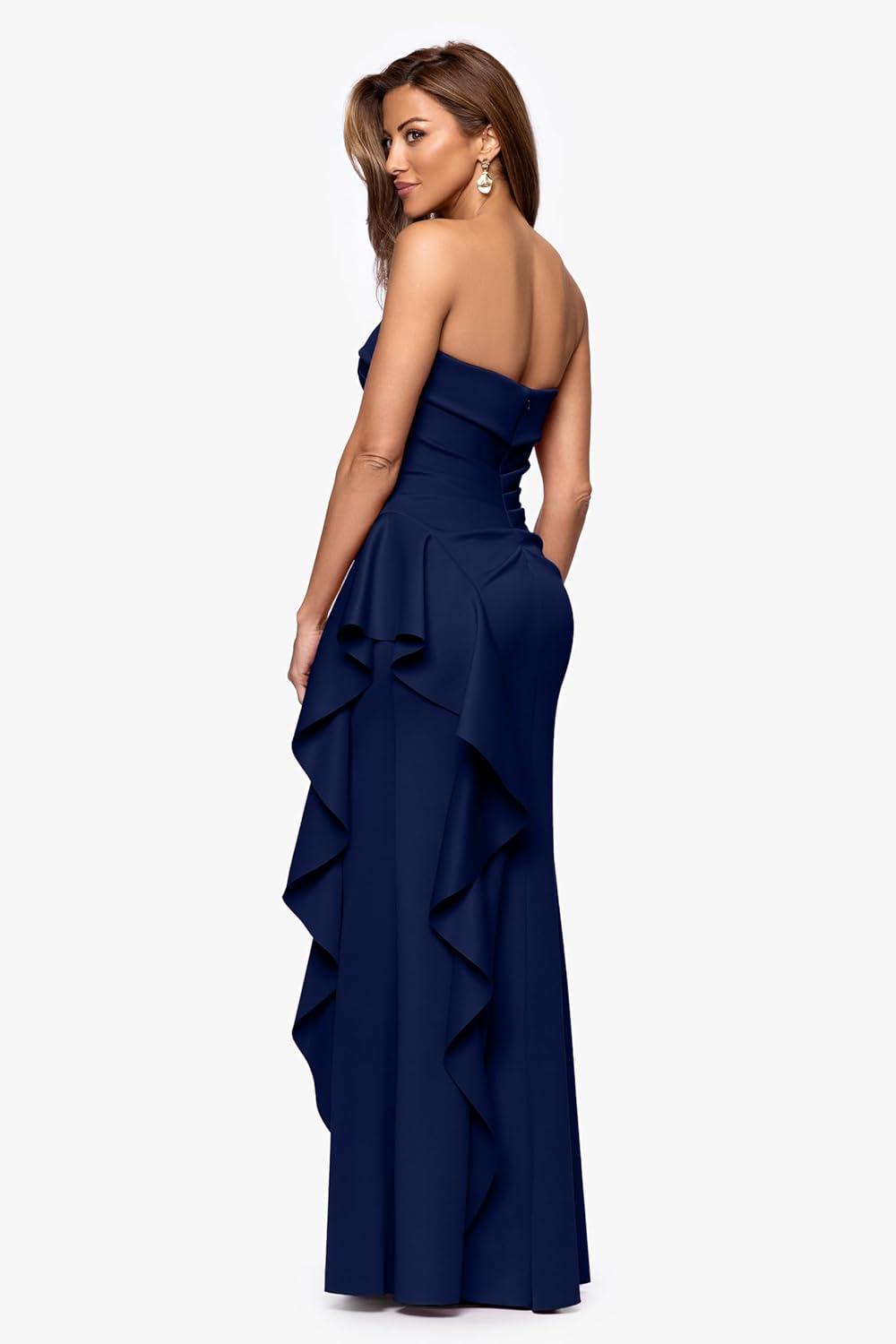 image:imageXscape Womens Scuba Crepe Strapless Ruffle Slit Floor Length Dress PetiteMidnight
