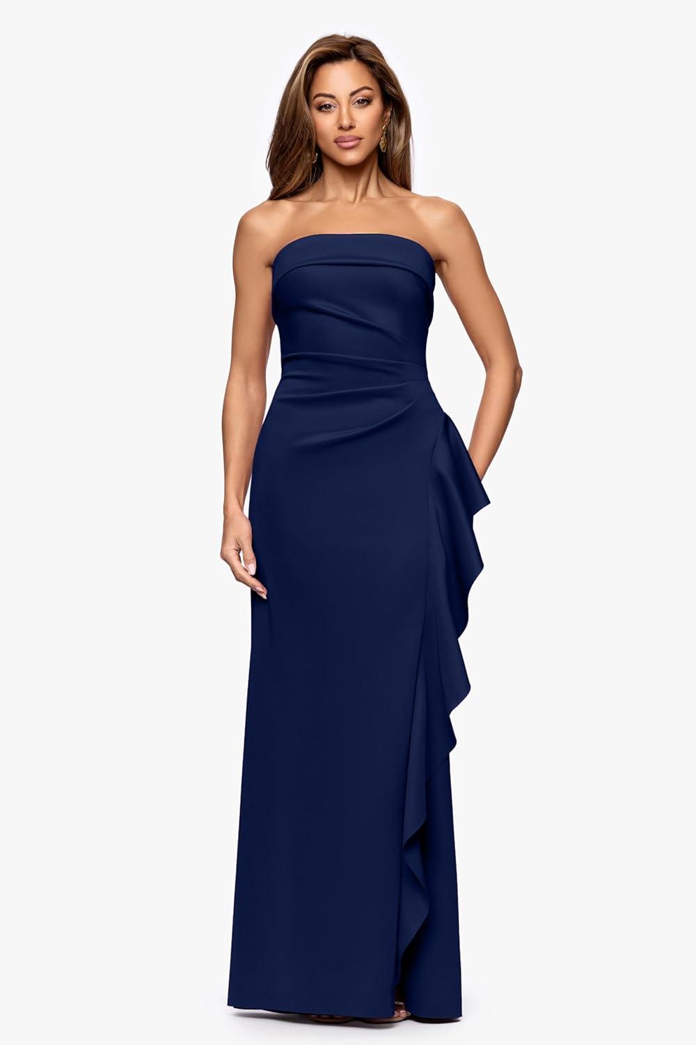image:imageXscape Womens Scuba Crepe Strapless Ruffle Slit Floor Length Dress PetiteMidnight