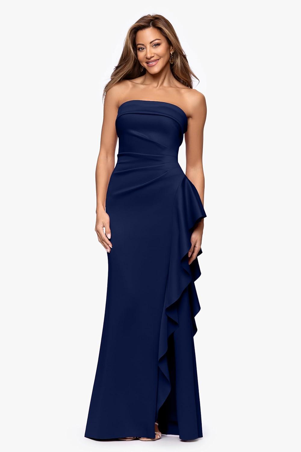 image:imageXscape Womens Scuba Crepe Strapless Ruffle Slit Floor Length Dress PetiteMidnight
