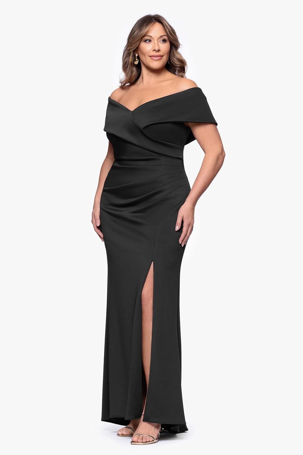 image:imageXscape Womens Scuba Off The Shoulder Ruched Slit Floor Length Dress PlusBlack