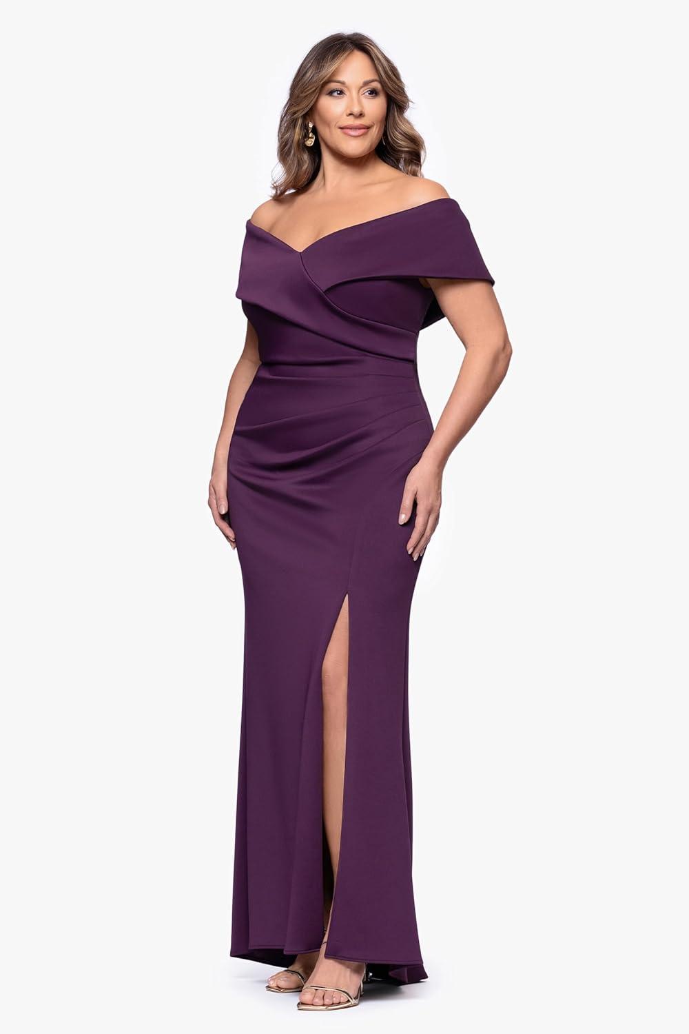 image:imageXscape Womens Scuba Off The Shoulder Ruched Slit Floor Length Dress PlusPlum