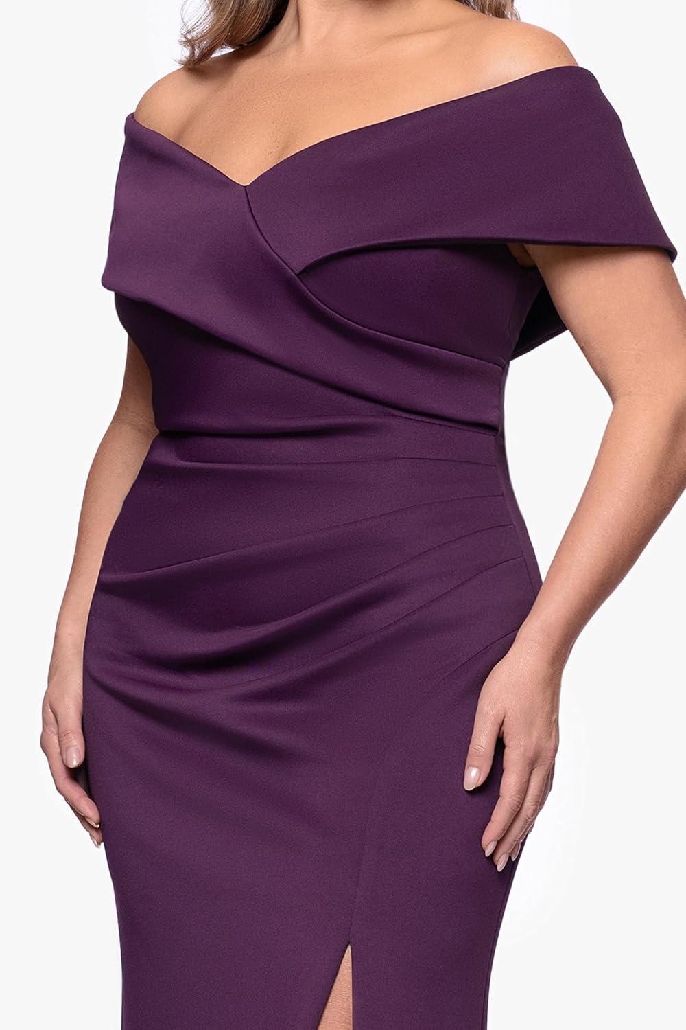 image:imageXscape Womens Scuba Off The Shoulder Ruched Slit Floor Length Dress PlusPlum