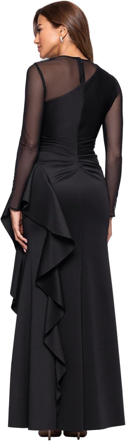 image:imageXscape Womens Techno Scuba Asymmetric Neck Mesh Sleeve Floor Length Dress PetiteBlack