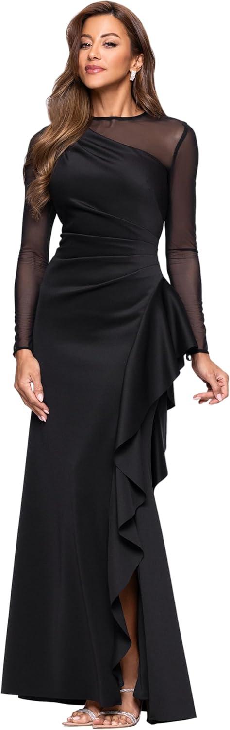 image:imageXscape Womens Techno Scuba Asymmetric Neck Mesh Sleeve Floor Length Dress PetiteBlack