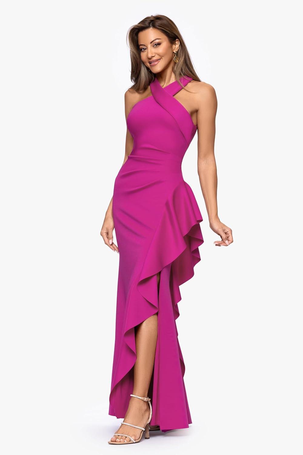 image:imageXscape Womens Techno Scuba Halter Floor Length Dress PetiteOrchid