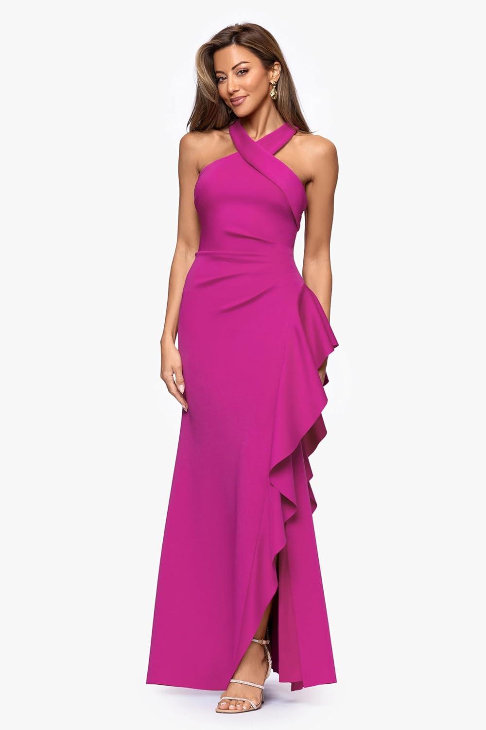 image:imageXscape Womens Techno Scuba Halter Floor Length Dress PetiteOrchid