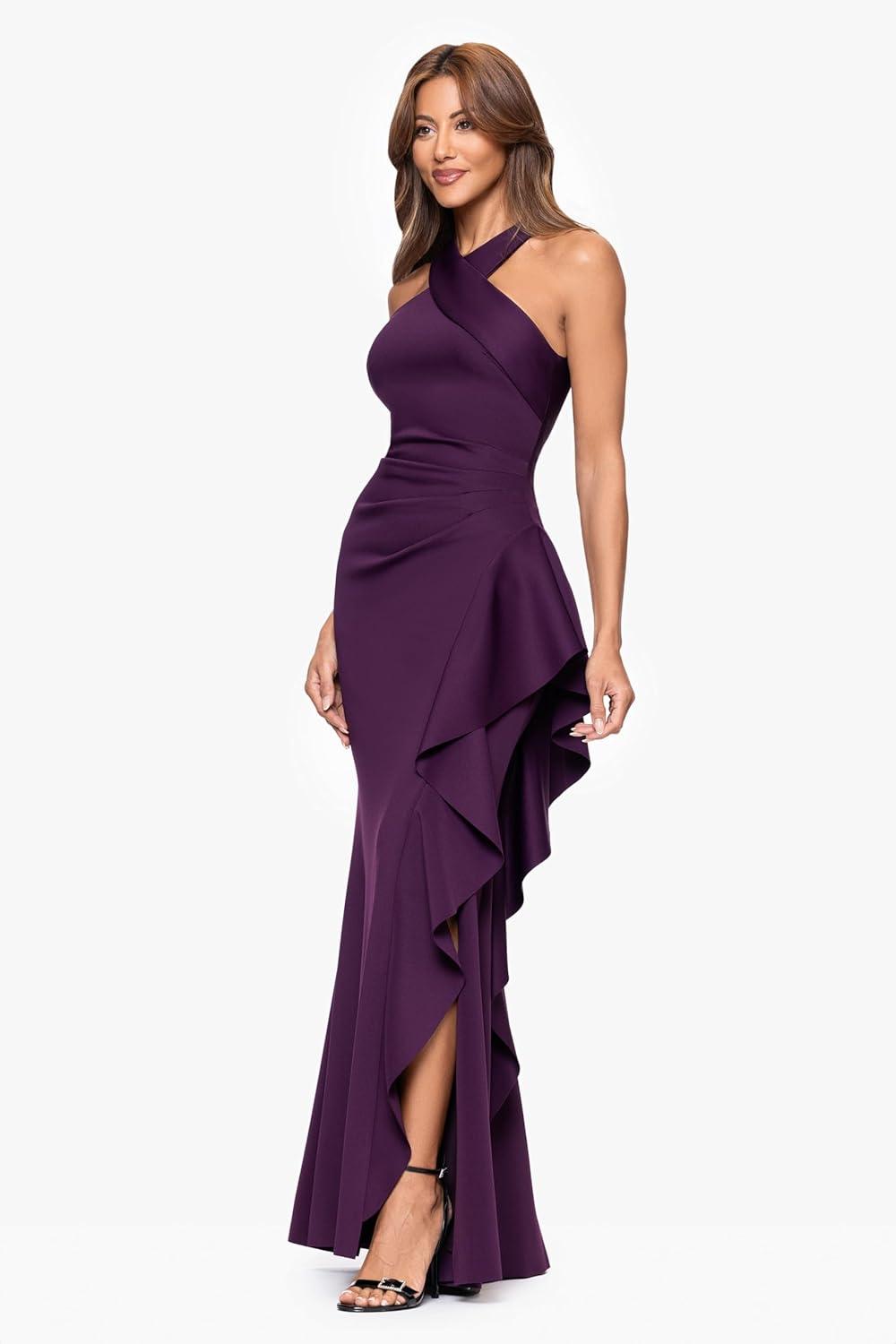 image:imageXscape Womens Techno Scuba Halter Floor Length Dress PetitePlum