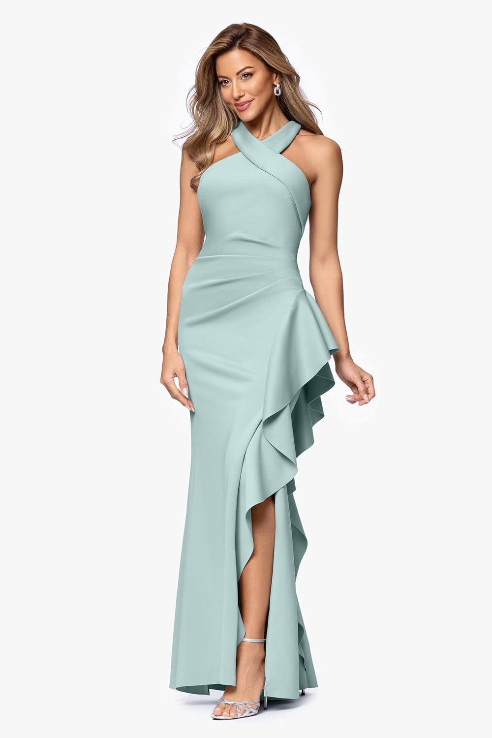 image:imageXscape Womens Techno Scuba Halter Floor Length Dress PetiteSage