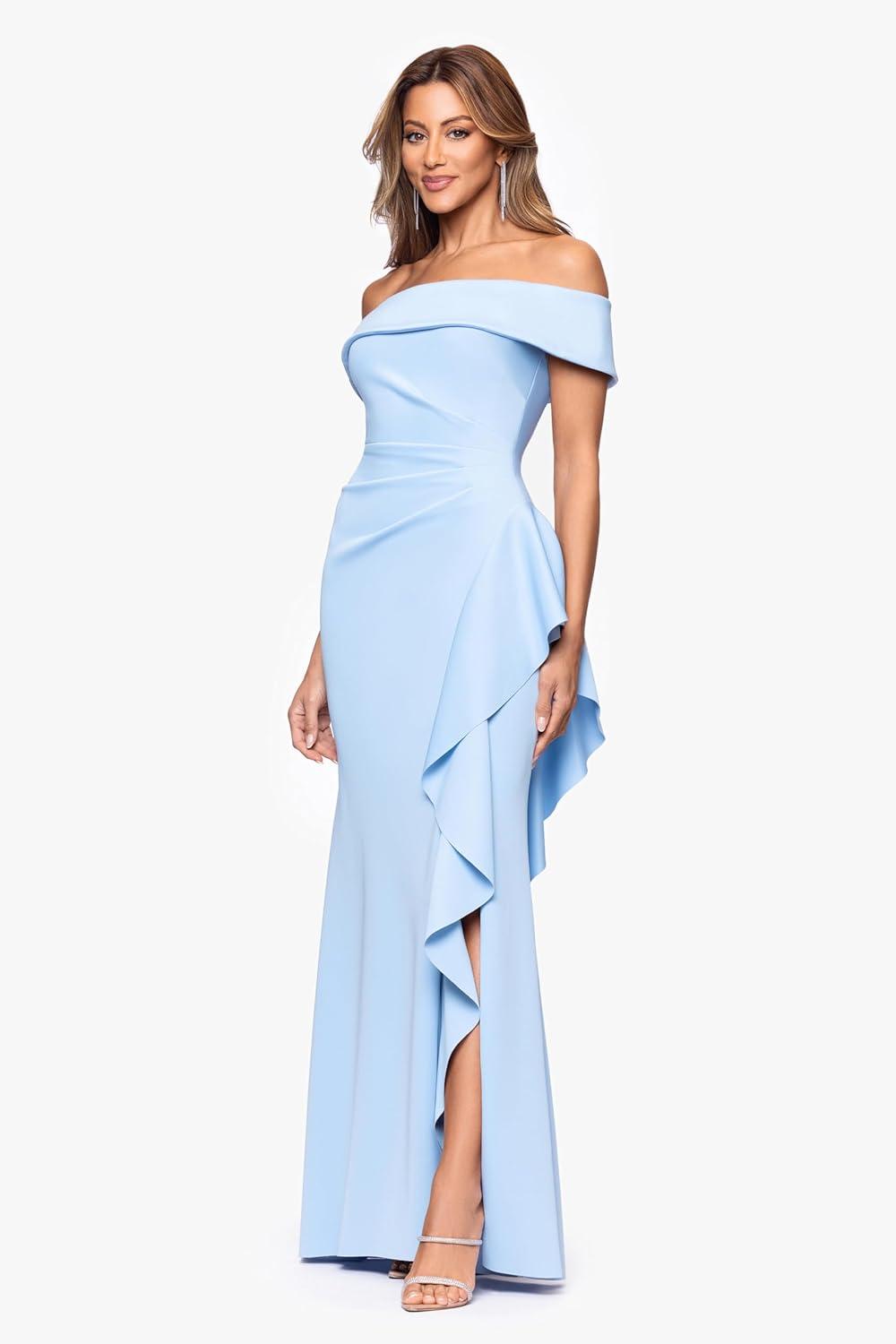 image:imageXscape Womens Techno Scuba Off The Shoulder Floor Length DressLight Blue