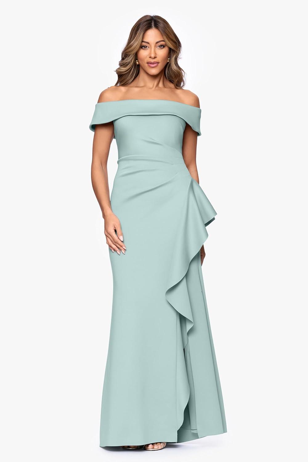 image:imageXscape Womens Techno Scuba Off The Shoulder Floor Length DressSage